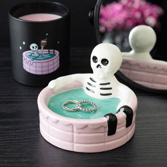 Gothic Trinket Dish featuring a skeleton lounging in a pastel pink pool, perfect for spooky summer vibes.