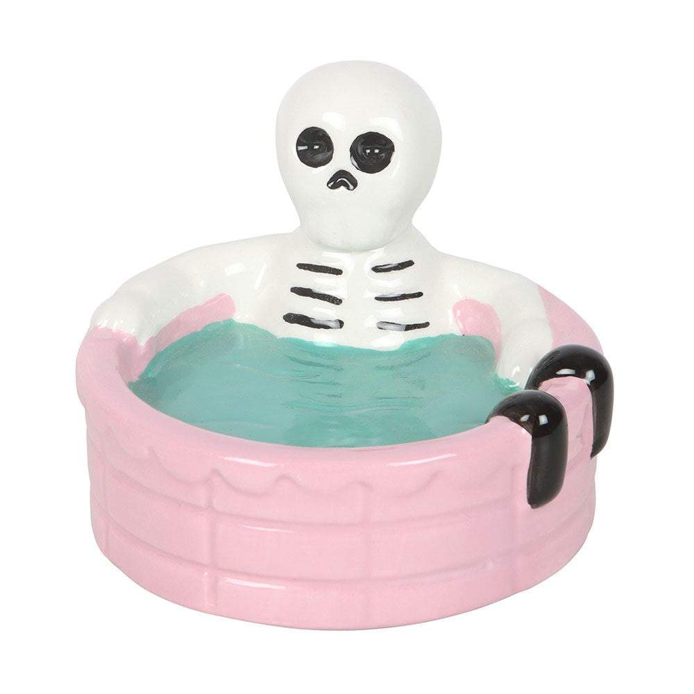 Gothic Trinket Dish featuring a skeleton relaxing in a pastel pink pool, perfect for spooky summer vibes.