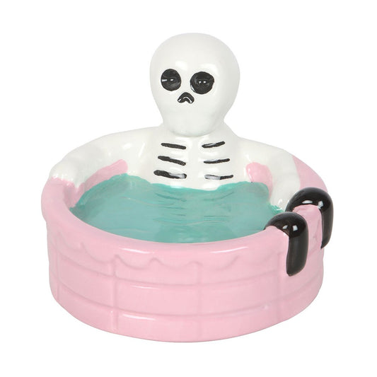 Gothic Trinket Dish featuring a skeleton relaxing in a pastel pink pool, perfect for spooky summer vibes.
