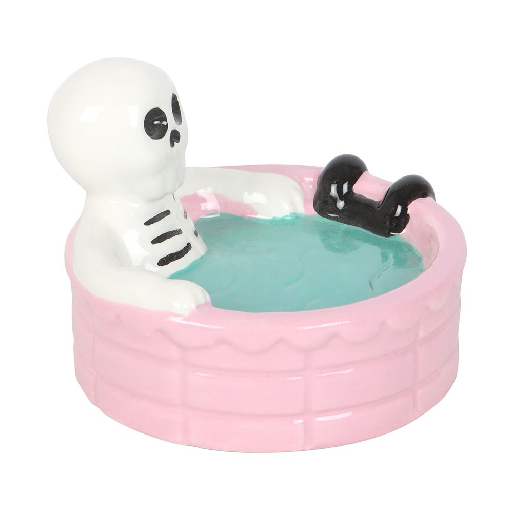 Gothic Trinket Dish featuring a skeleton lounging in a pastel pink pool, perfect for spooky summer vibes.
