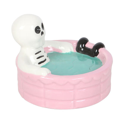Gothic Trinket Dish featuring a skeleton lounging in a pastel pink pool, perfect for spooky summer vibes.
