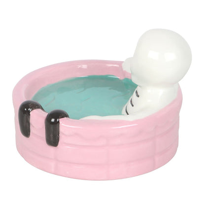 Gothic Trinket Dish featuring a skeleton lounging in a pastel pink pool for spooky summer vibes.