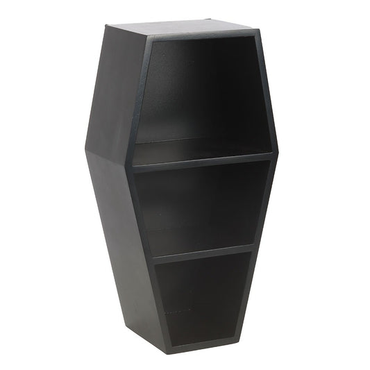 Small Black Coffin Display Shelf showcasing a unique coffin shape designed for gothic decor and practical shelving.