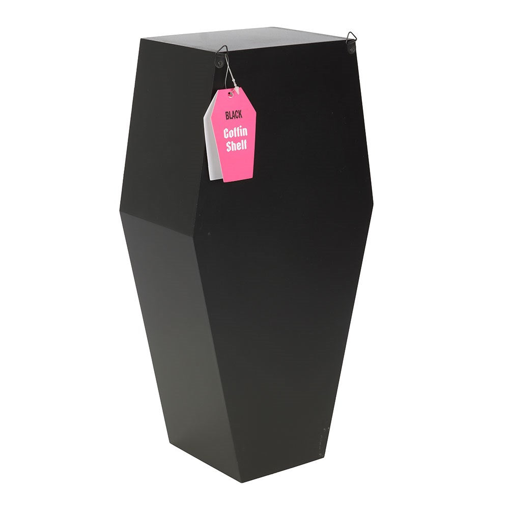 Small Black Coffin Display Shelf with a tag, showcasing dark elegance for gothic decor.