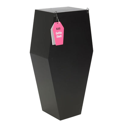 Small Black Coffin Display Shelf with a tag, showcasing dark elegance for gothic decor.