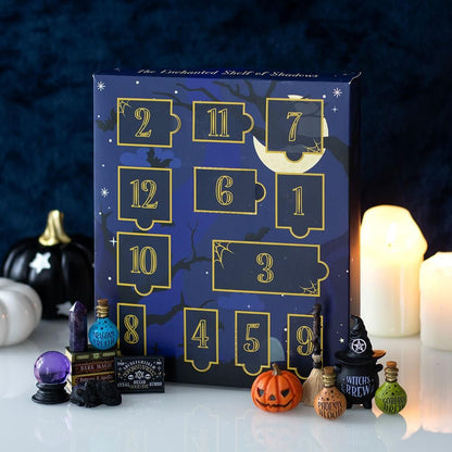Halloween-themed advent calendar with decorative items on a dark background