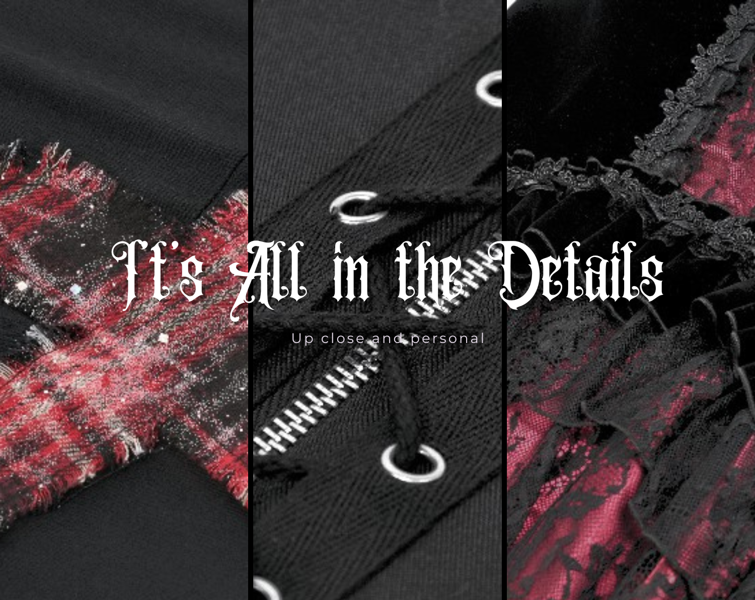 Close-up of gothic style textured fabric with red and black patterns and text overlay 'It's All in the Details'.