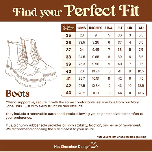 Hot Chocolate Design Dolly Revolt Goth Platform Lace-Up Boots size chart