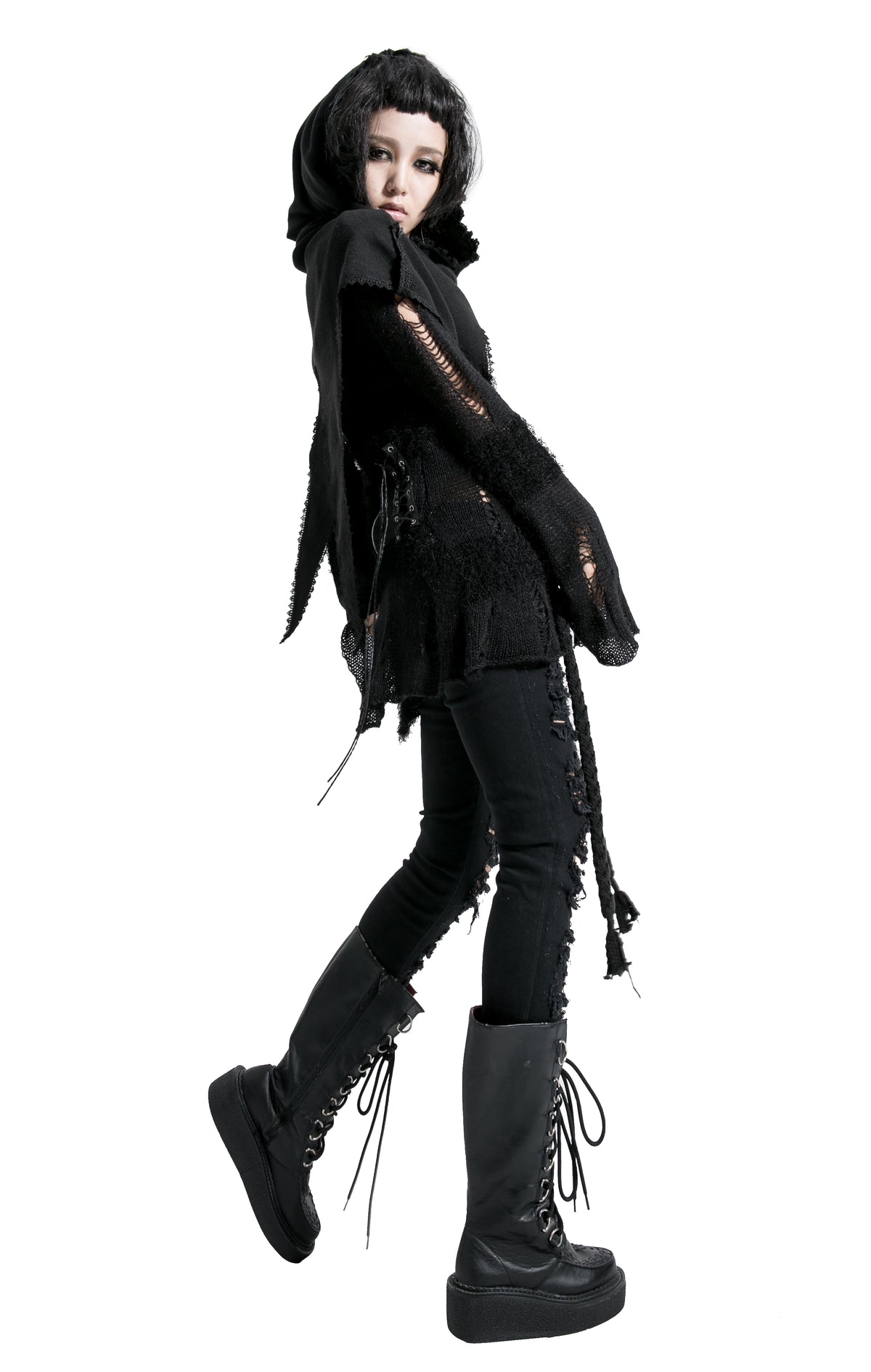 Punk Rave Morana Distressed Hooded Knit Cloak