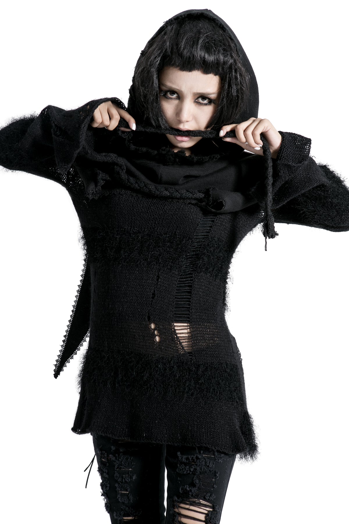 Punk Rave Morana Distressed Hooded Knit Cloak