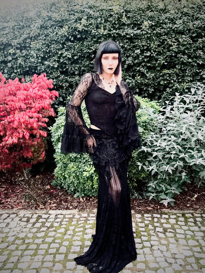 Julia Rose Noir wearing the Punk Rave Rowena Gothic Fishtail Maxi Skirt with the Dark in Love Zuri Gothic Bell Sleeve Top