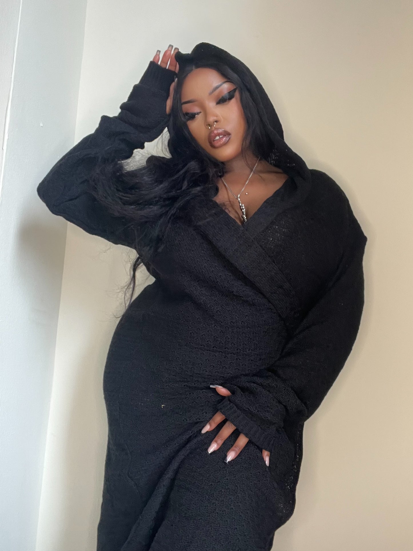 Necessary Evil Athena cardigan back view - long draped gothic hooded style UK made on Laura Lovemore