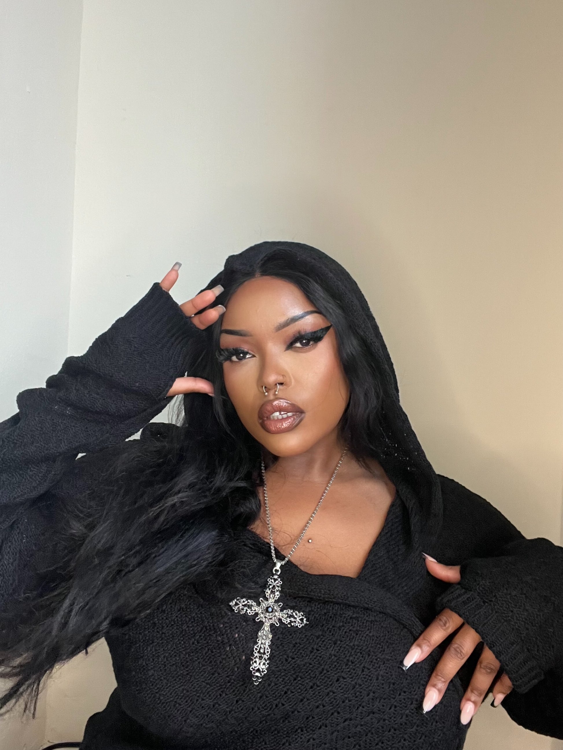 Necessary Evil Athena cardigan back view - long draped gothic hooded style UK made