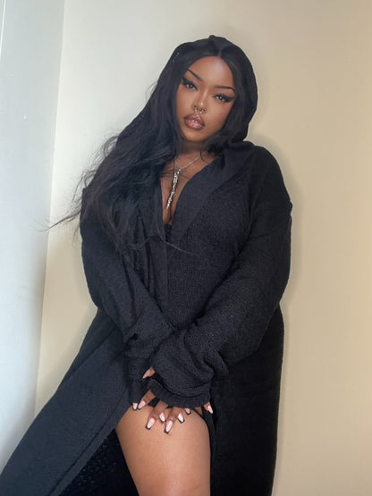 Gothic hooded cardigan styled on model - Necessary Evil Athena witchy alternative fashion on Laura Lovemore