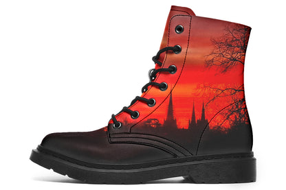 Gothic combat boots with red and black sunset skyline print
