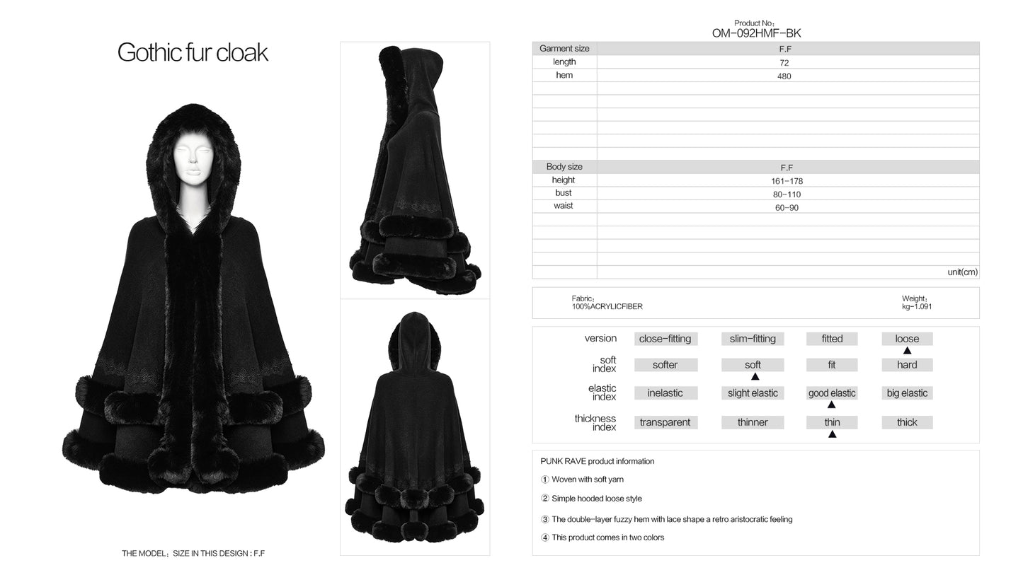 Punk Rave Elvira Faux Fur Trim Gothic Cloak in Black