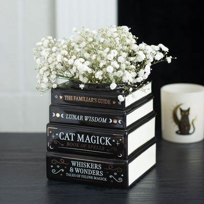 Gothic Gifts Black Cat Magick Book Stack Vase