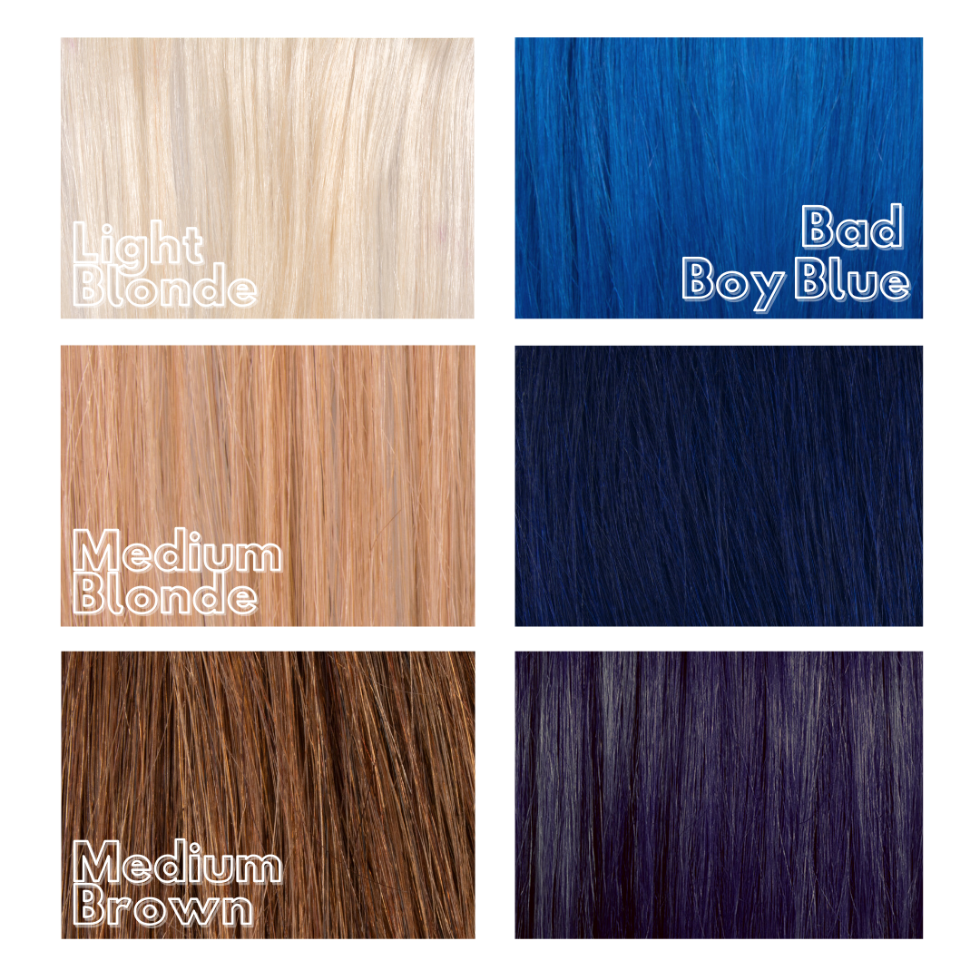 Royal blue hair colour result on different bases - Bad Boy Blue bright hair dye semi permanent Manic Panic