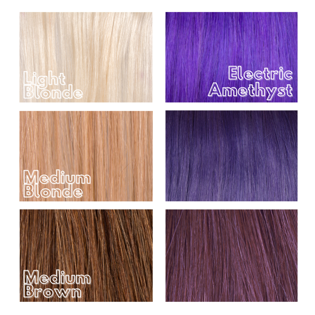 Vibrant purple violet hair colour swatch results - Electric Amethyst bright hair dye Manic Panic