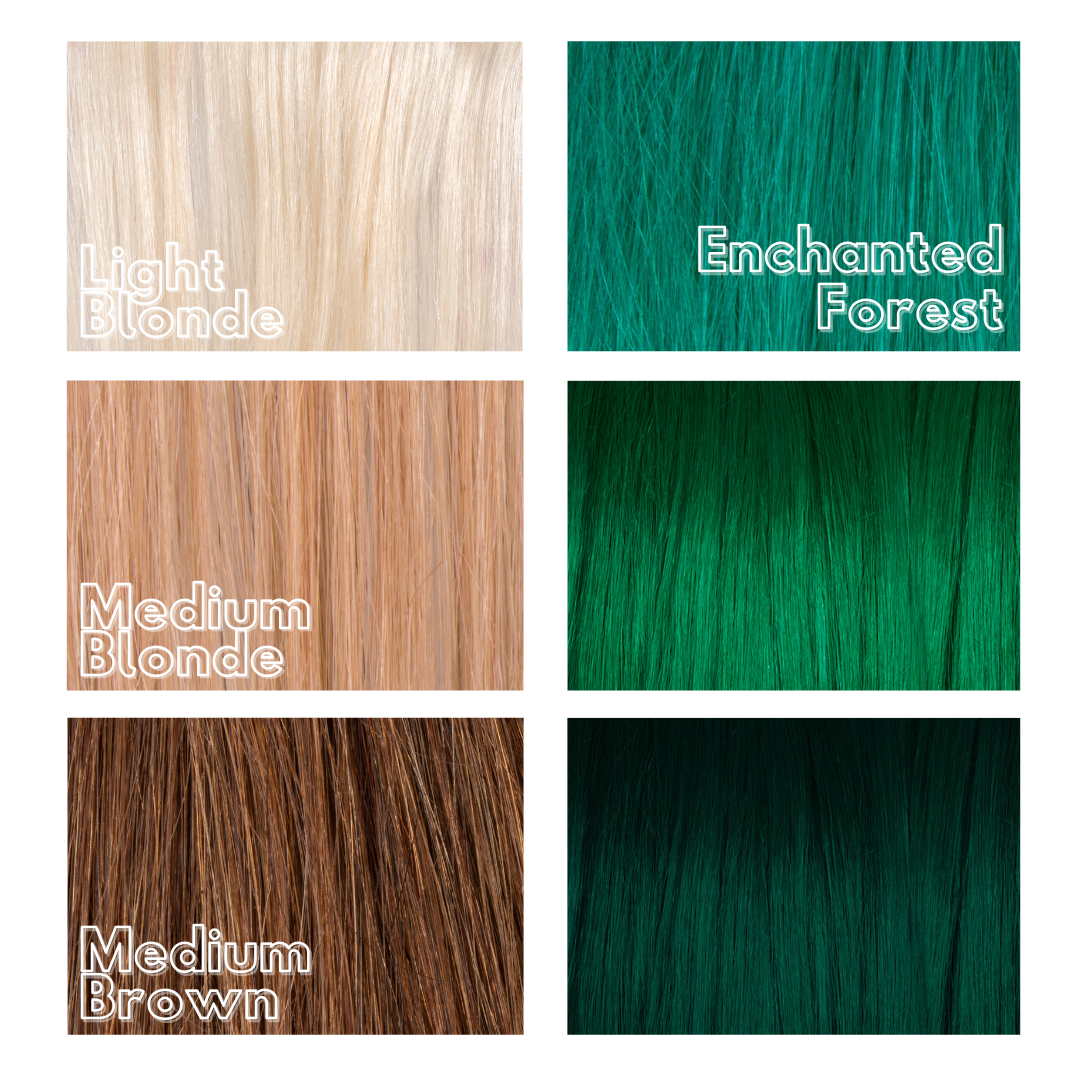 Vibrant green hair dye swatch - Enchanted Forest bright hair dye semi permanent Manic Panic