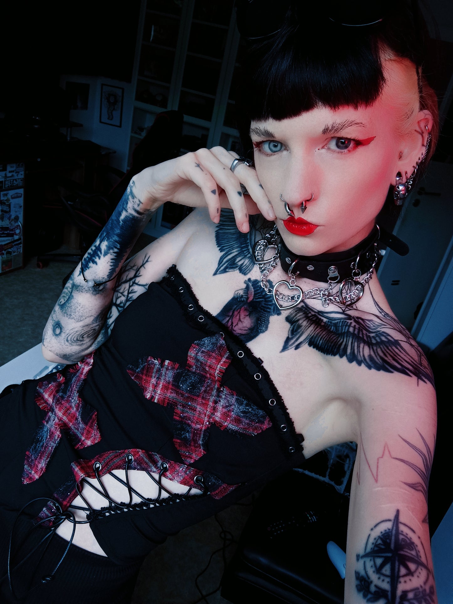 Dark in Love Punk Black and Tartan Cross Strap Nevida Top