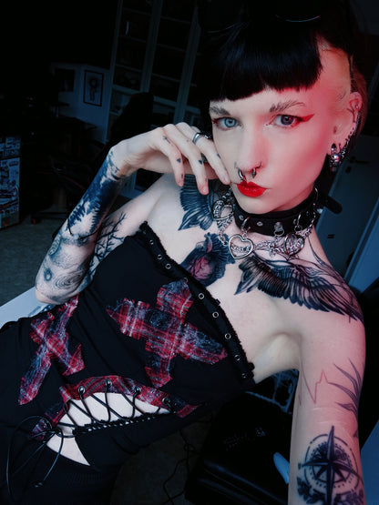 Dark in Love Punk Black and Tartan Cross Strap Nevida Top