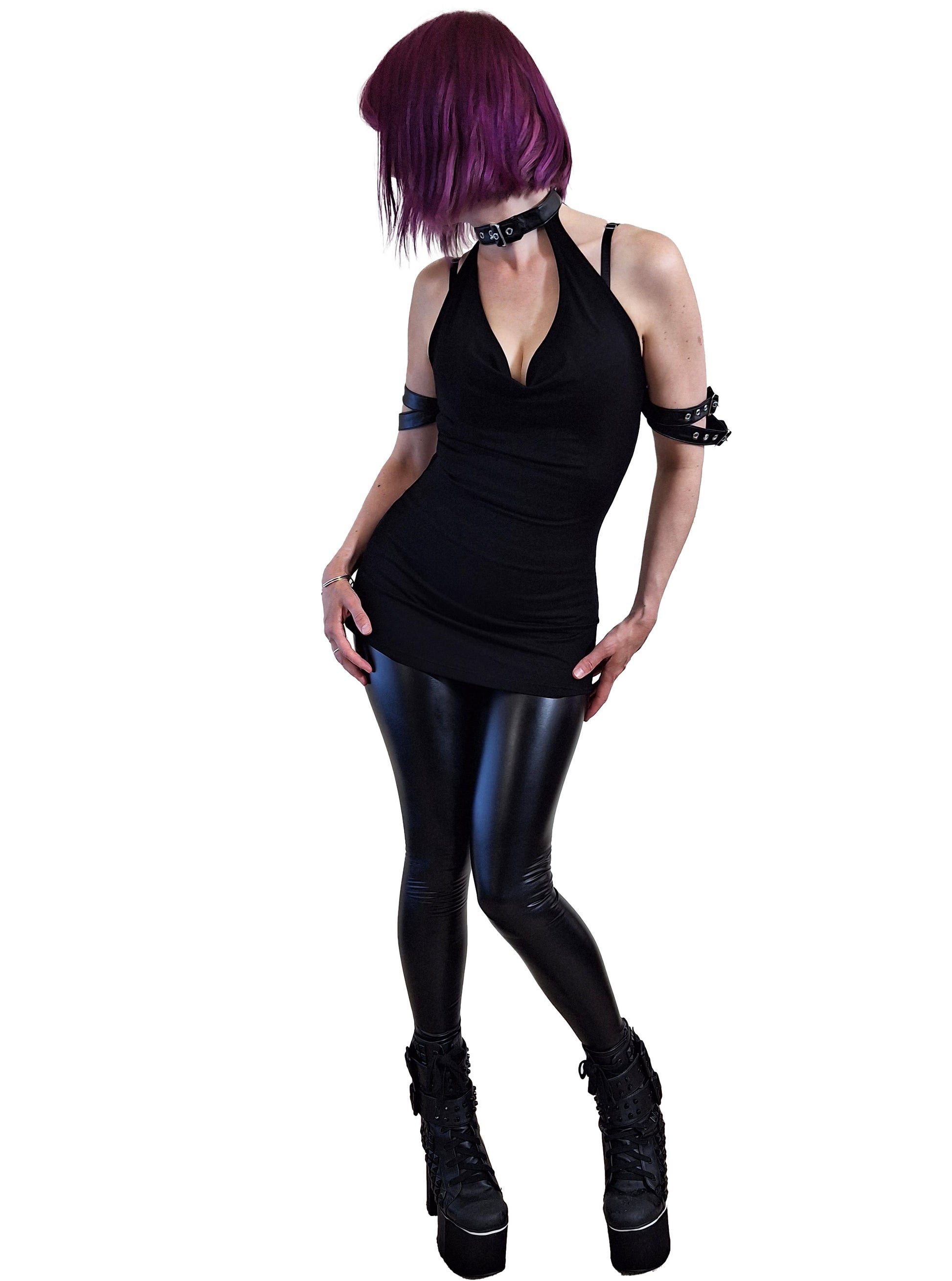 Necessary Evil Aphrodite top styled - plunge cowl neck gothic faux leather alternative