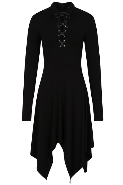Necessary Evil Kali black midi dress - long sleeve gothic handkerchief hem full length view