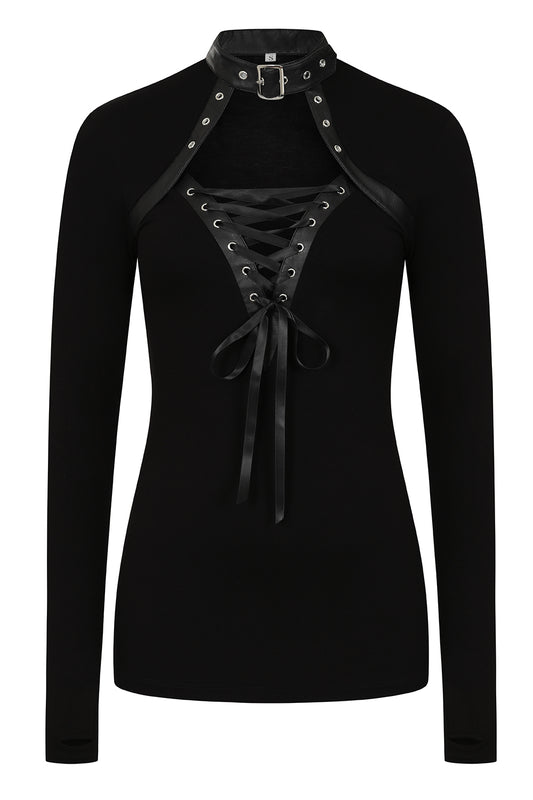 Necessary Evil Dione Long Sleeve Lace Up Plunge Top - Kate's Clothing