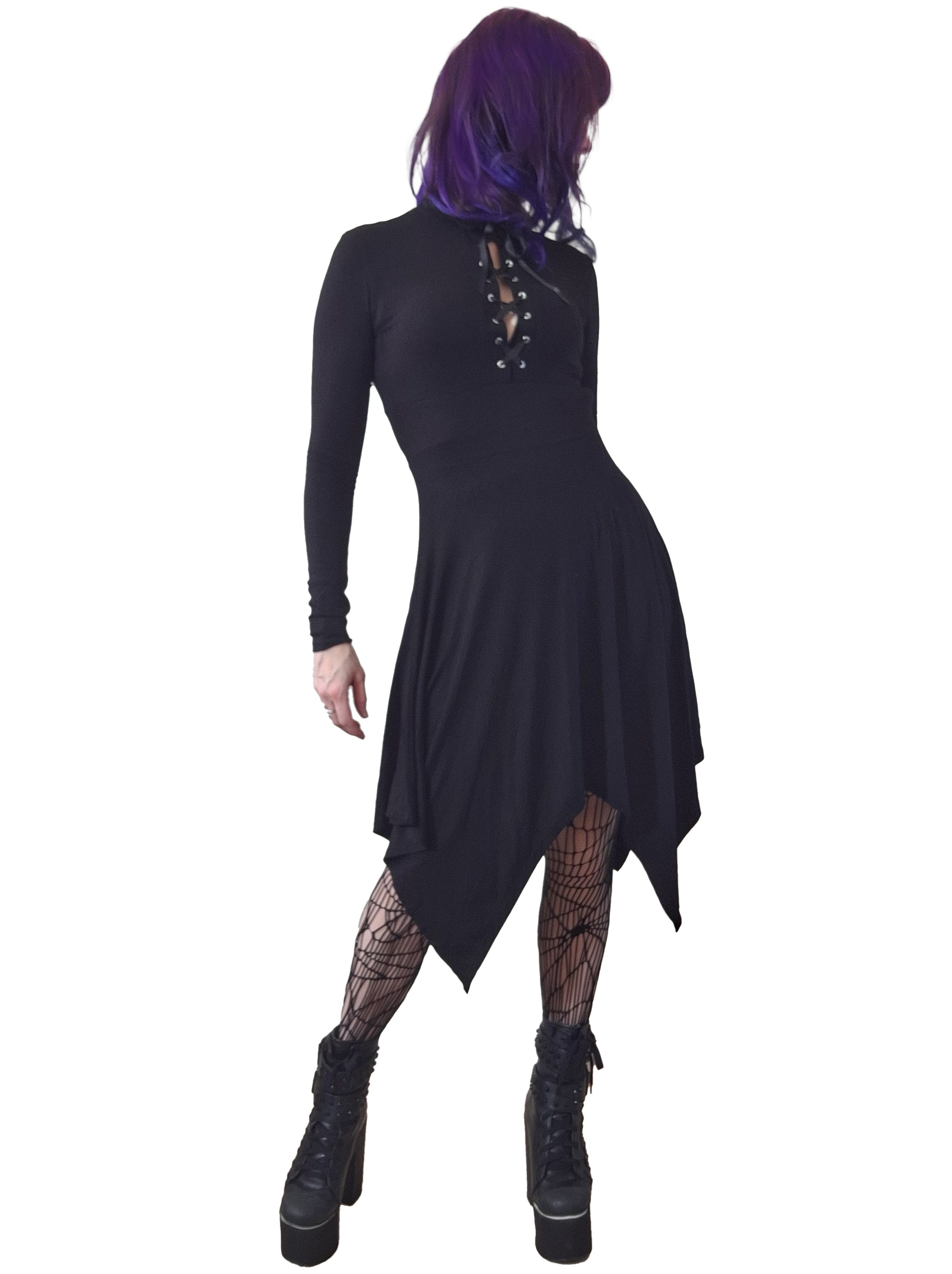 Necessary Evil Kali gothic handkerchief hem midi dress - black long sleeve front view on Kate