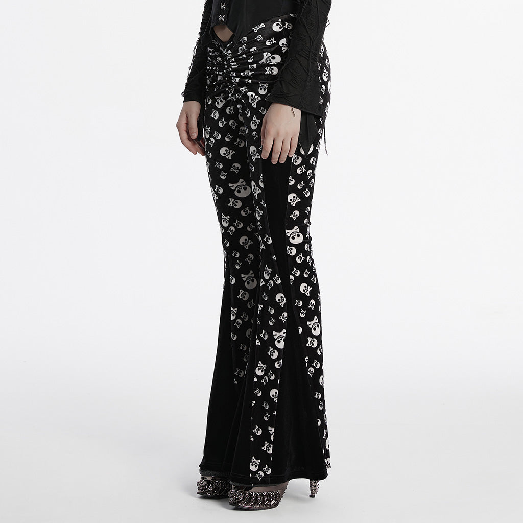 Punk Rave Nulia Spliced Velvet Flared Trousers with Skull Print