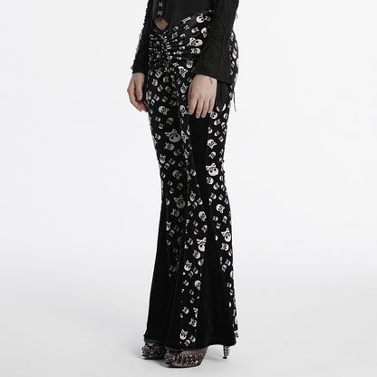 Punk Rave Nulia Spliced Velvet Flared Trousers with Skull Print