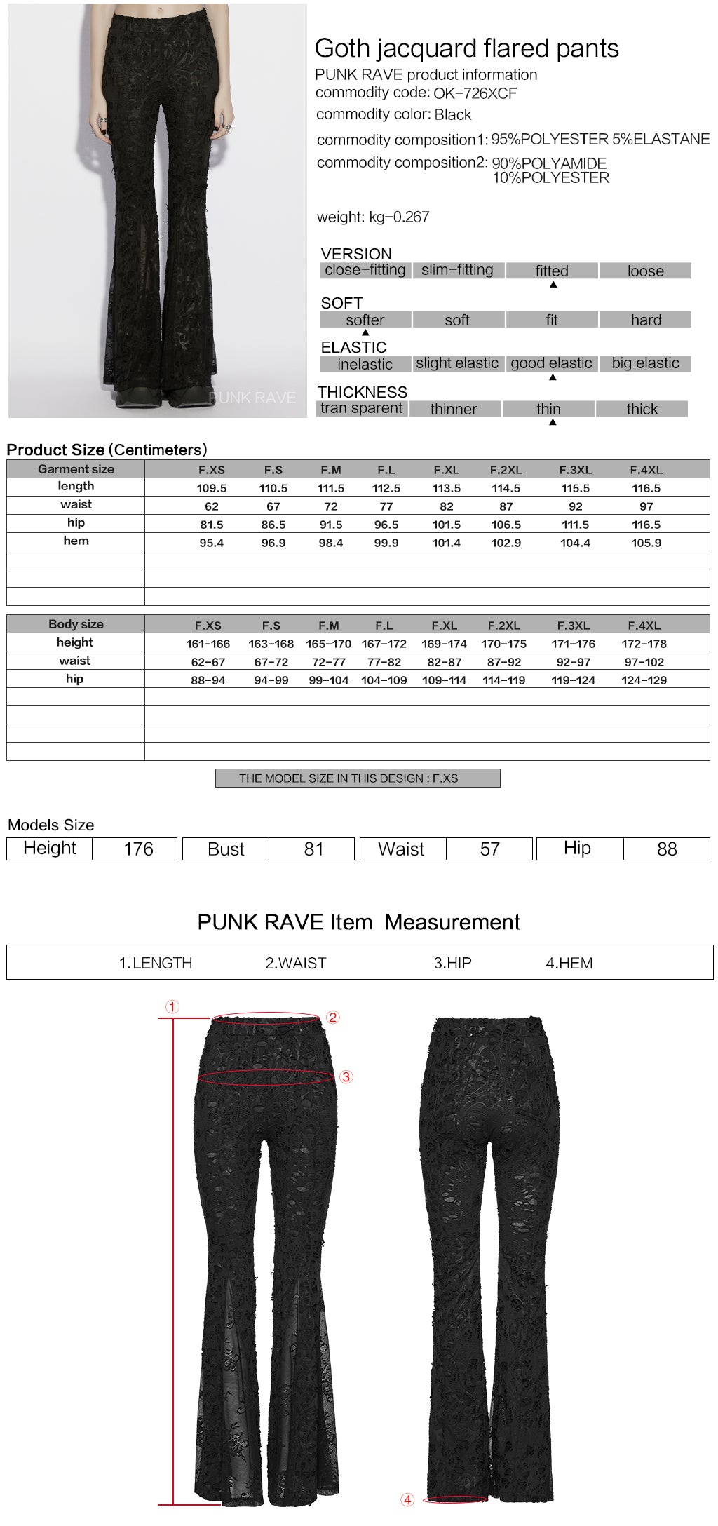 Punk Rave Morticia Jacquard Flared Pants with detailed sizing information and fabric composition.