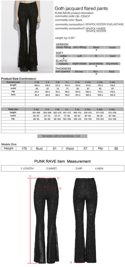 Punk Rave Morticia Jacquard Flared Pants with detailed sizing information and fabric composition.
