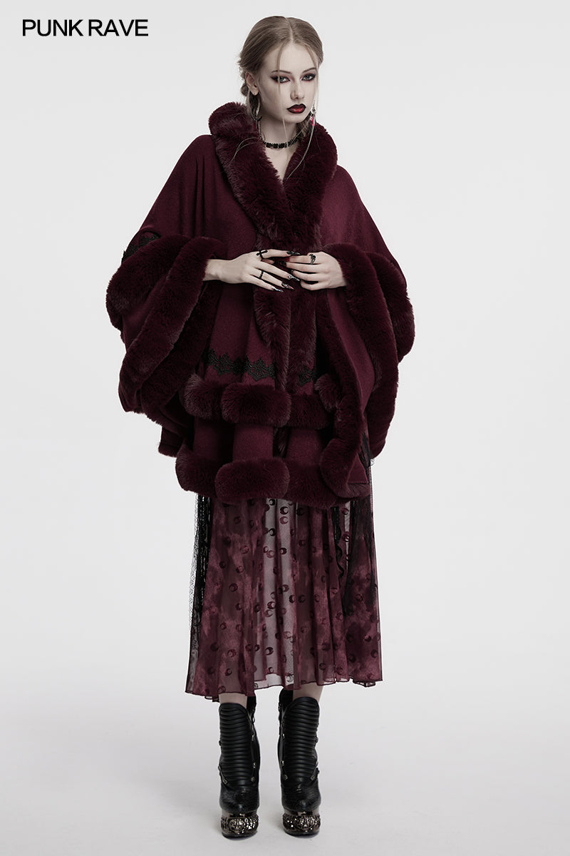 Punk Rave Isolde Faux Fur Trim Gothic Cloak Wine Red