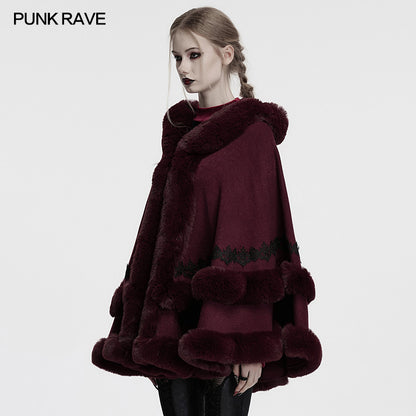 Punk Rave Isolde Faux Fur Trim Gothic Cloak Wine Red