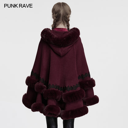 Punk Rave Isolde Faux Fur Trim Gothic Cloak Wine Red
