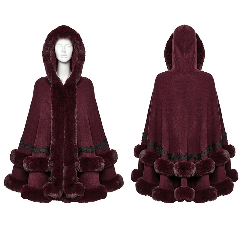 Punk Rave Isolde Faux Fur Trim Gothic Cloak Wine Red