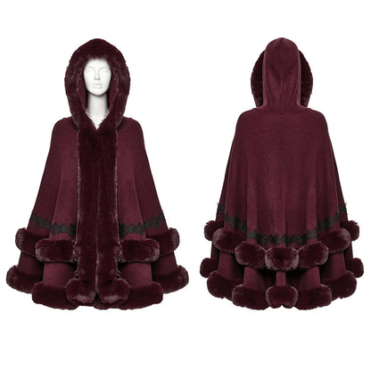 Punk Rave Isolde Faux Fur Trim Gothic Cloak Wine Red