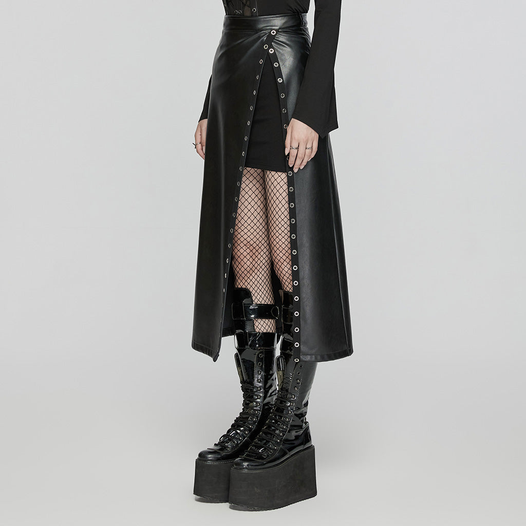 Punk Rave Imogen Faux Leather Midi Split skirt - Kate's Clothing