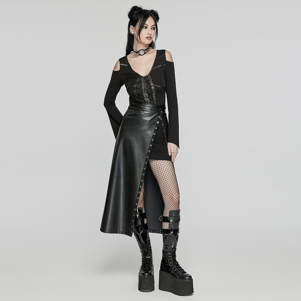 Punk Rave Imogen Faux Leather Midi Split skirt - Kate's Clothing