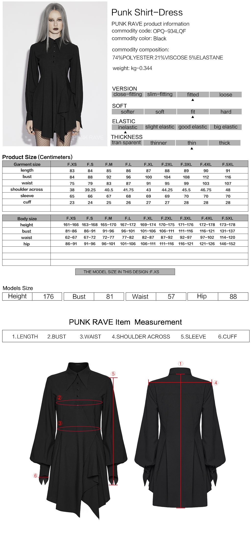 Punk Rave Nyx Asymmetrical Shirt Dress with detailed measurements and features shown in image.