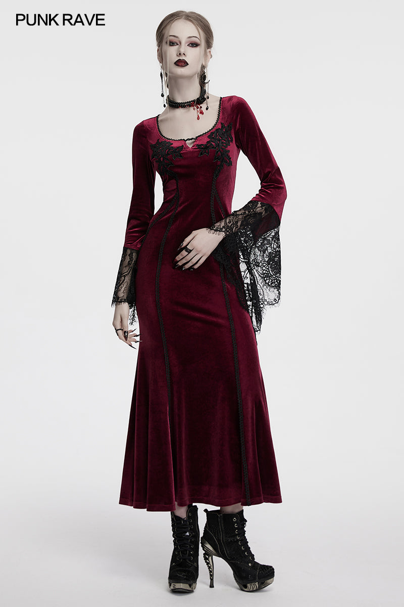 Punk Rave Isolde Velvet Lace Sleeve Dress in Red