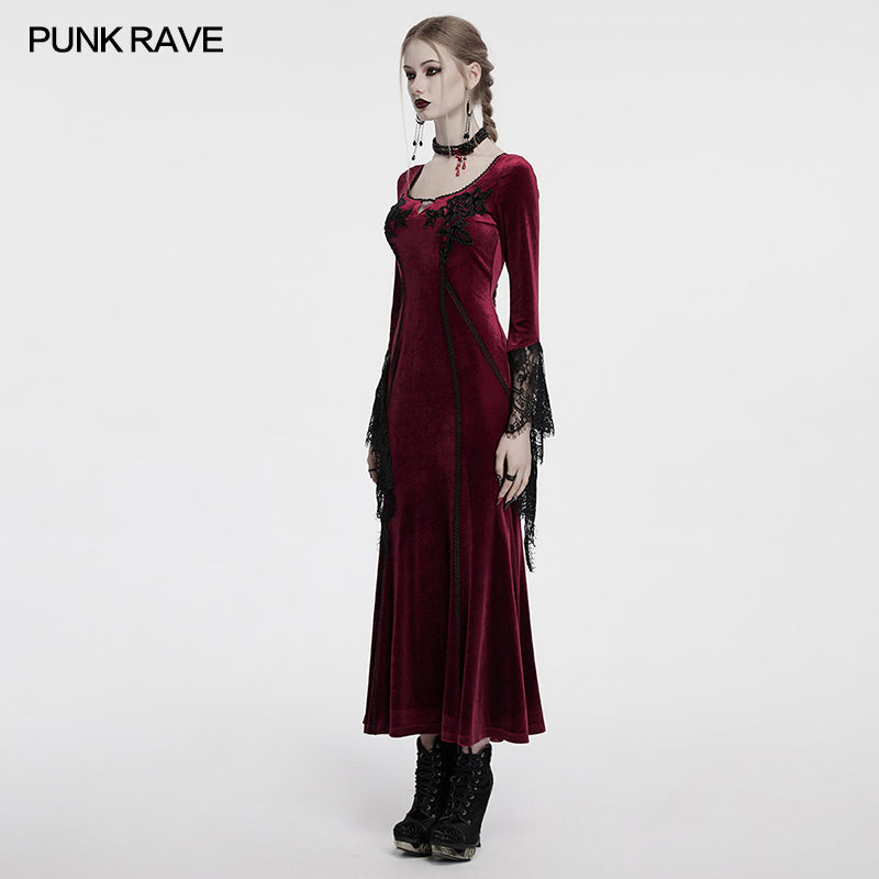 Punk Rave Isolde Velvet Lace Sleeve Dress in Red