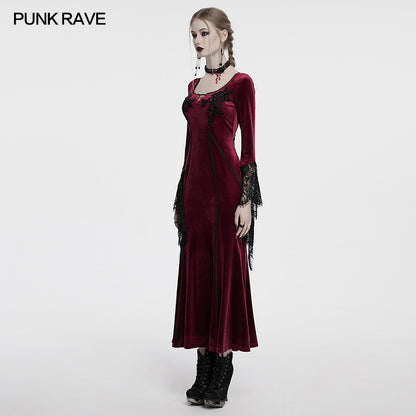 Punk Rave Isolde Velvet Lace Sleeve Dress in Red