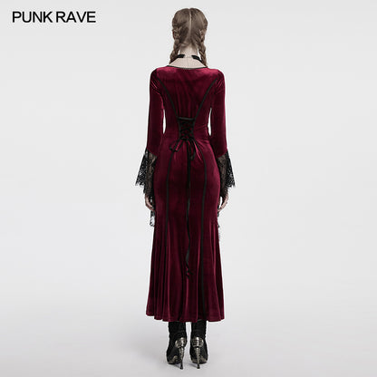 Punk Rave Isolde Velvet Lace Sleeve Dress in Red