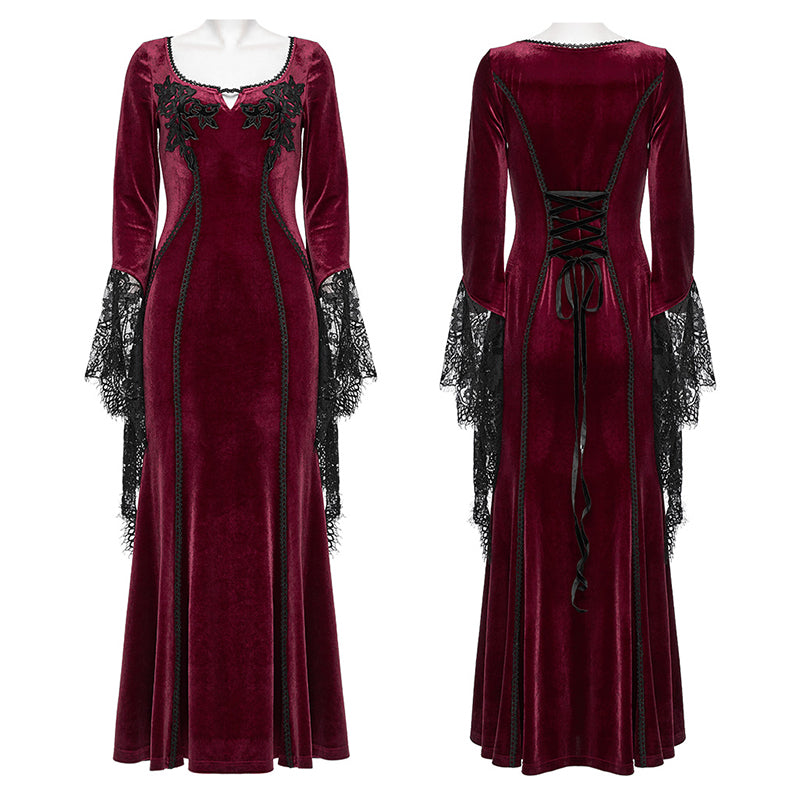 Punk Rave Isolde Velvet Lace Sleeve Dress in Red