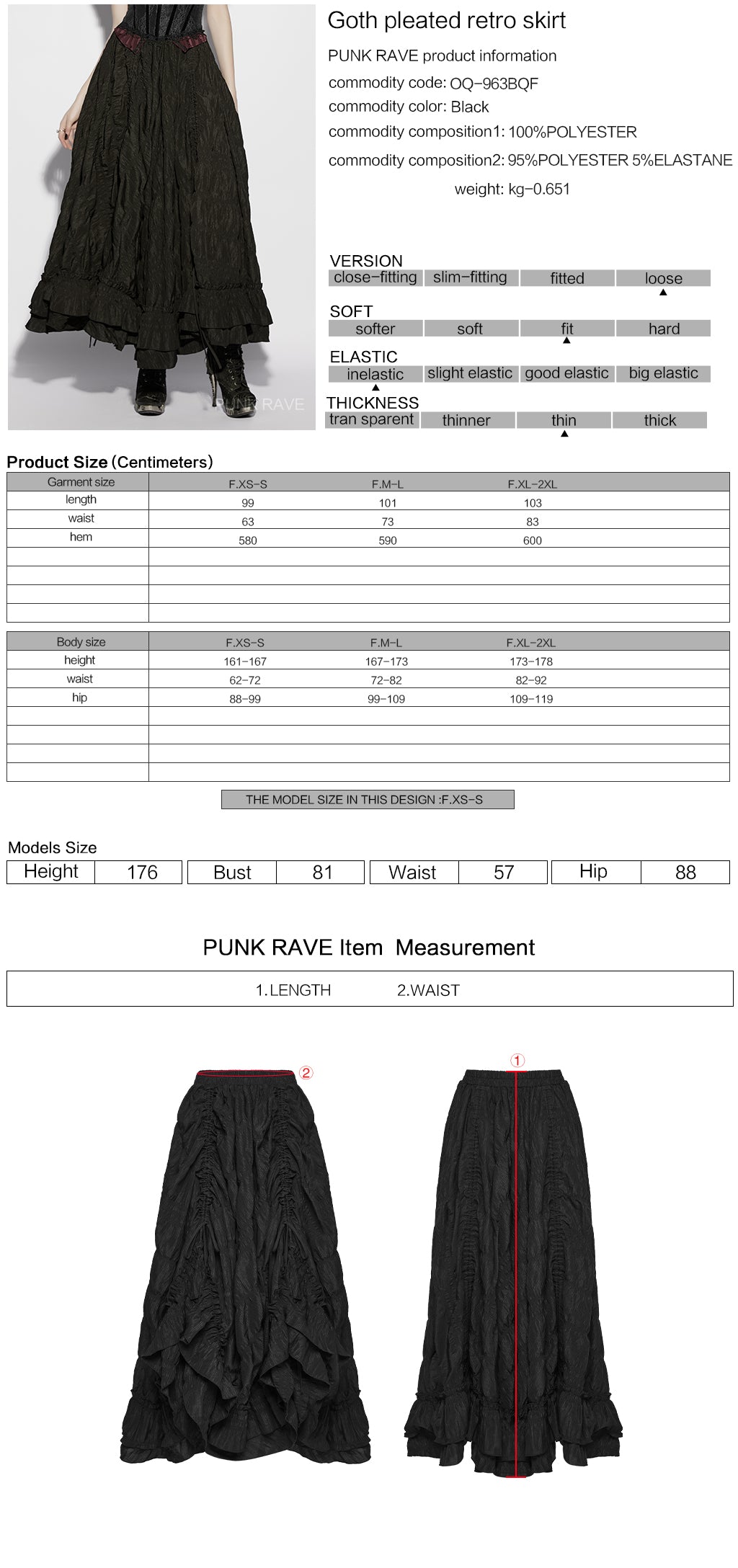Punk Rave Morrigan Goth Pleated Retro Skirt in black, showcasing its flowing vintage design and detailed measurements.