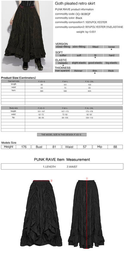 Punk Rave Morrigan Goth Pleated Retro Skirt in black, showcasing its flowing vintage design and detailed measurements.