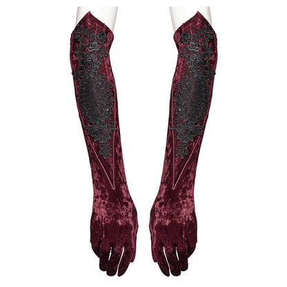 Punk Rave Selene Embroidered Velvet Gloves in Crimson
